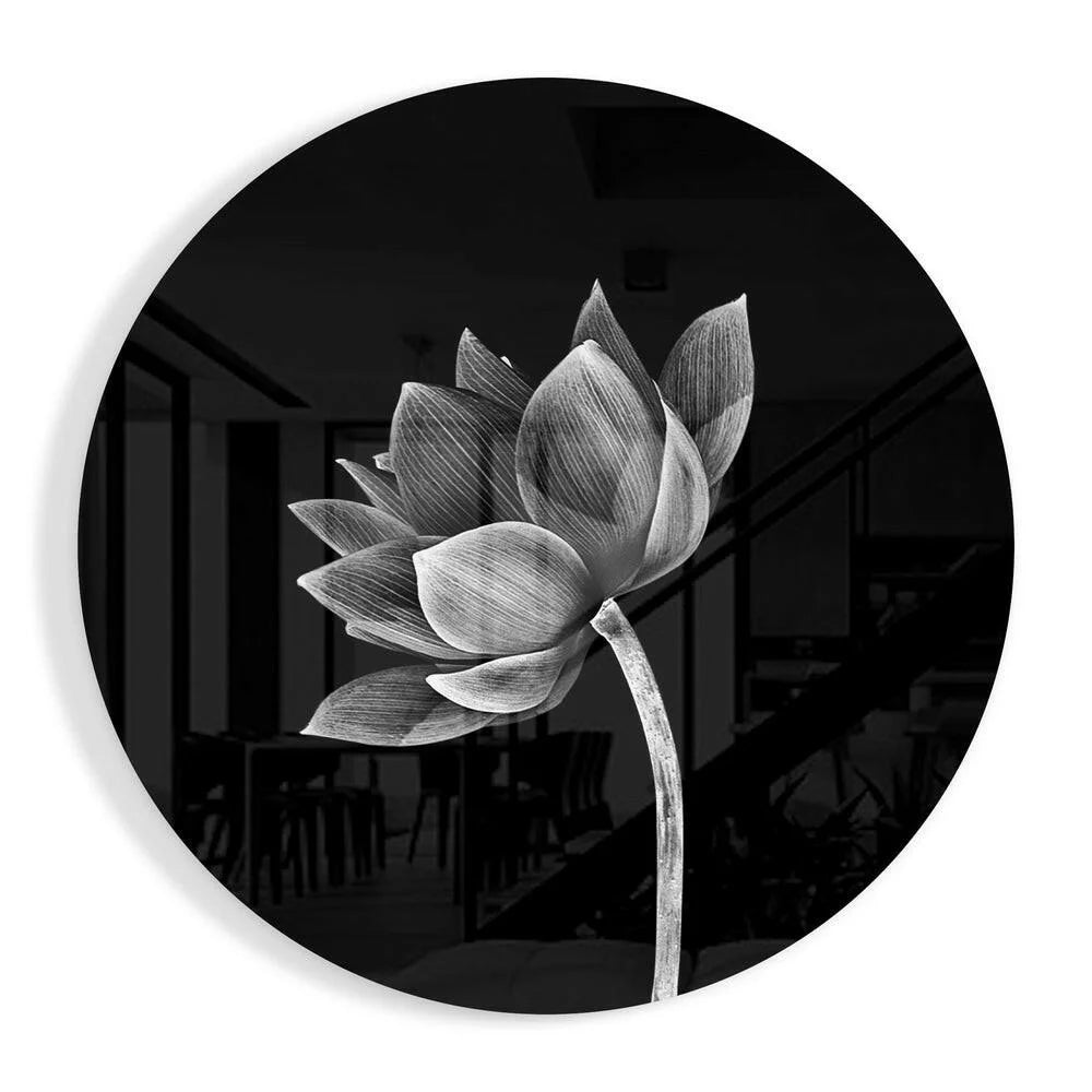 Delicate black-and-white lotus flower tempered glass art circle wall decor