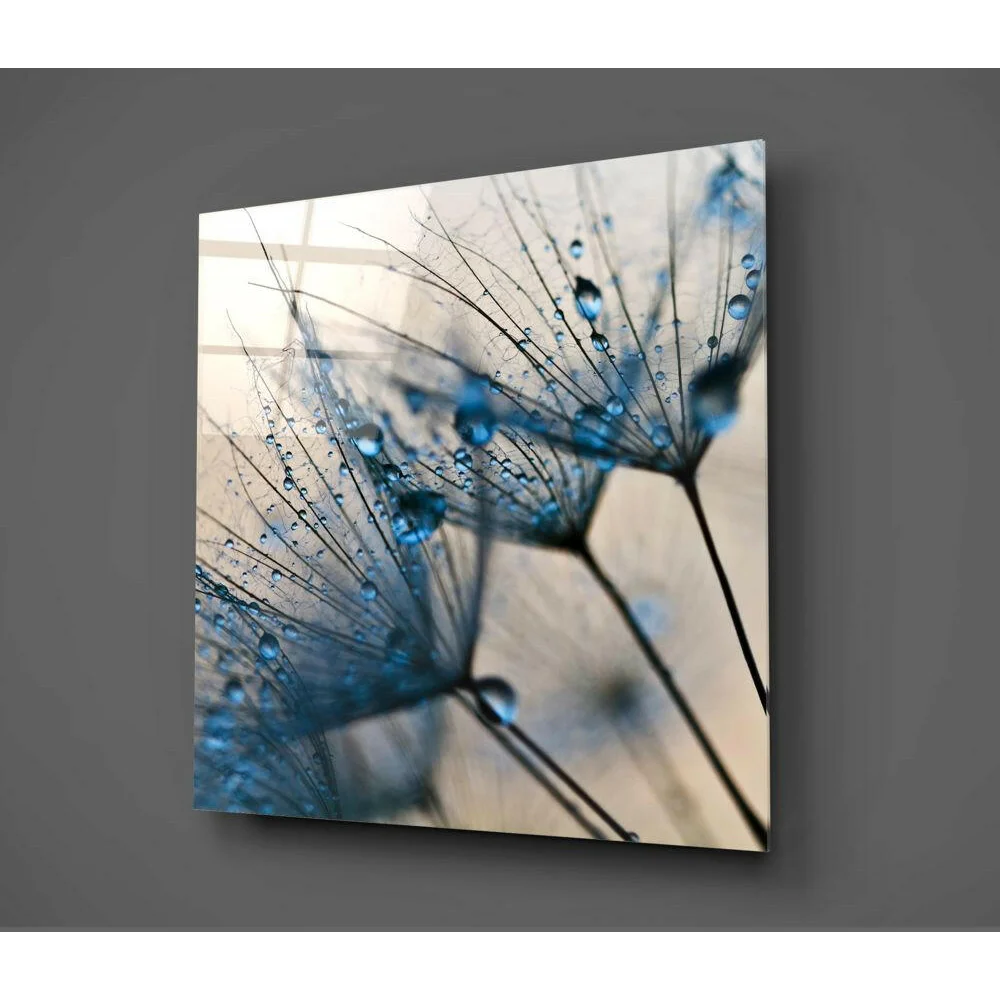 Stunning Blue Dandelion Glass Wall Art with Dewdrops | Glass Wall Art Print | vintageantiquesgifts.com