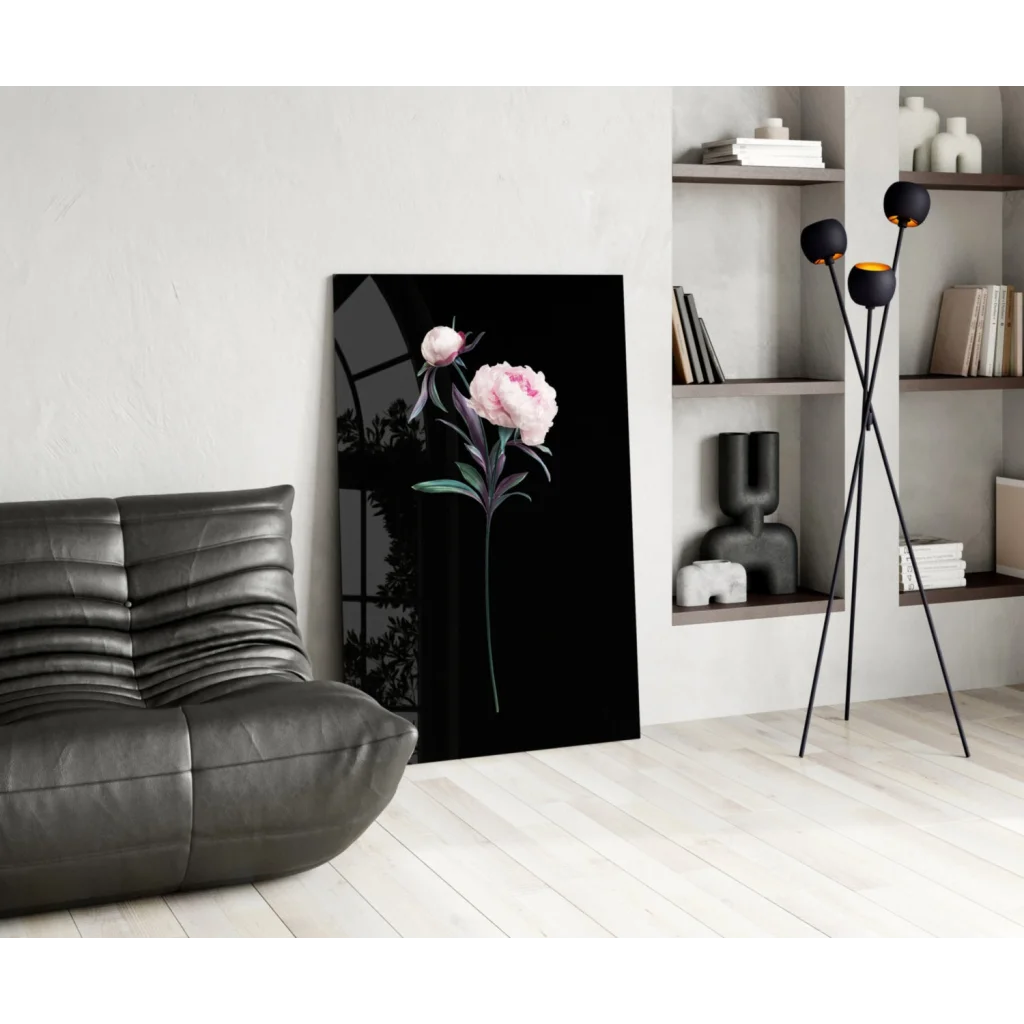 Stunning pink peony glass wall art on black canvas with green leaves