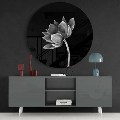 Circular black tempered glass art with grayscale lotus flower