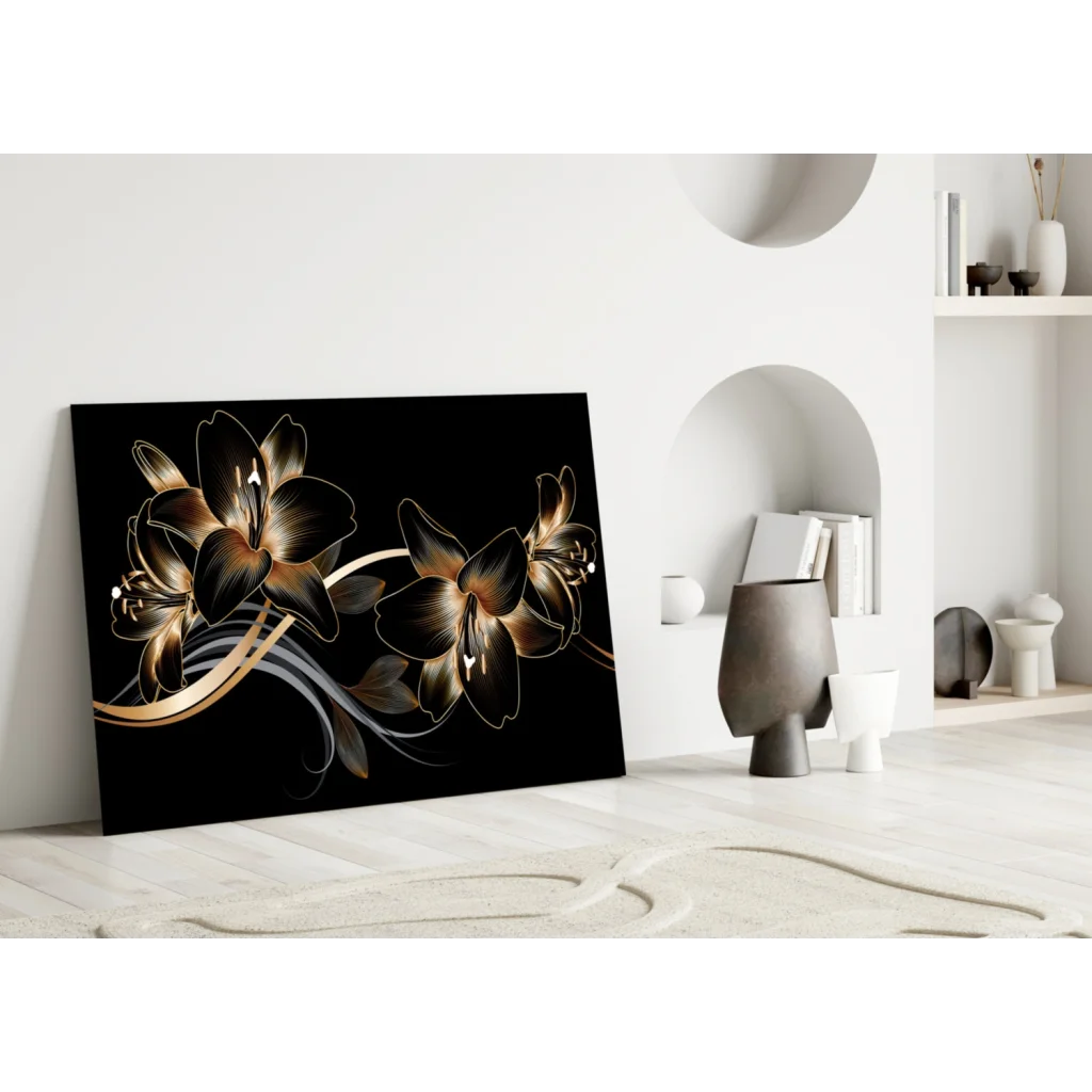 Stunning gold lily glass wall art on glossy black canvas