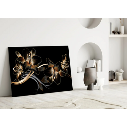 Stunning gold lily glass wall art on glossy black canvas