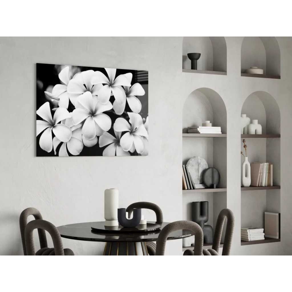 Stunning black-and-white plumeria blooms canvas wall art
