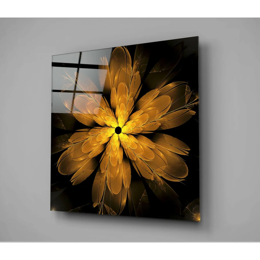 Radiant Golden Fractal Flower Glass Wall Art | Glass Wall Art Print | vintageantiquesgifts.com