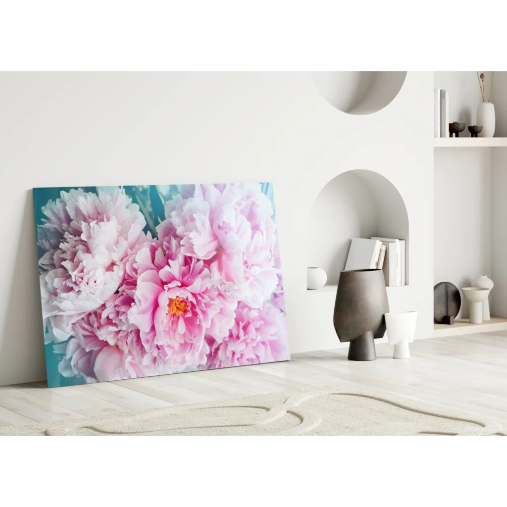 Vibrant pink peonies wall art canvas on teal background