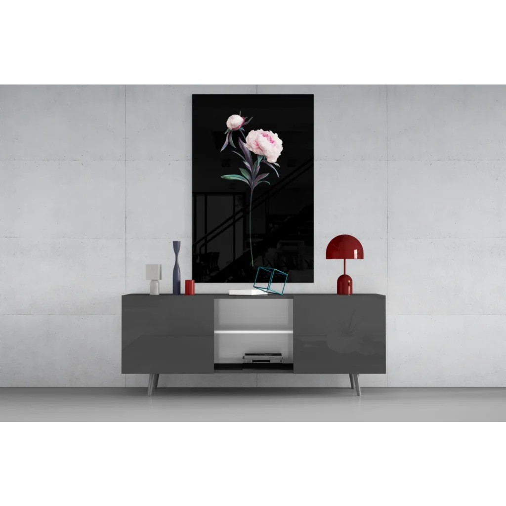 Stunning pink peony glass wall art on black canvas with green stems