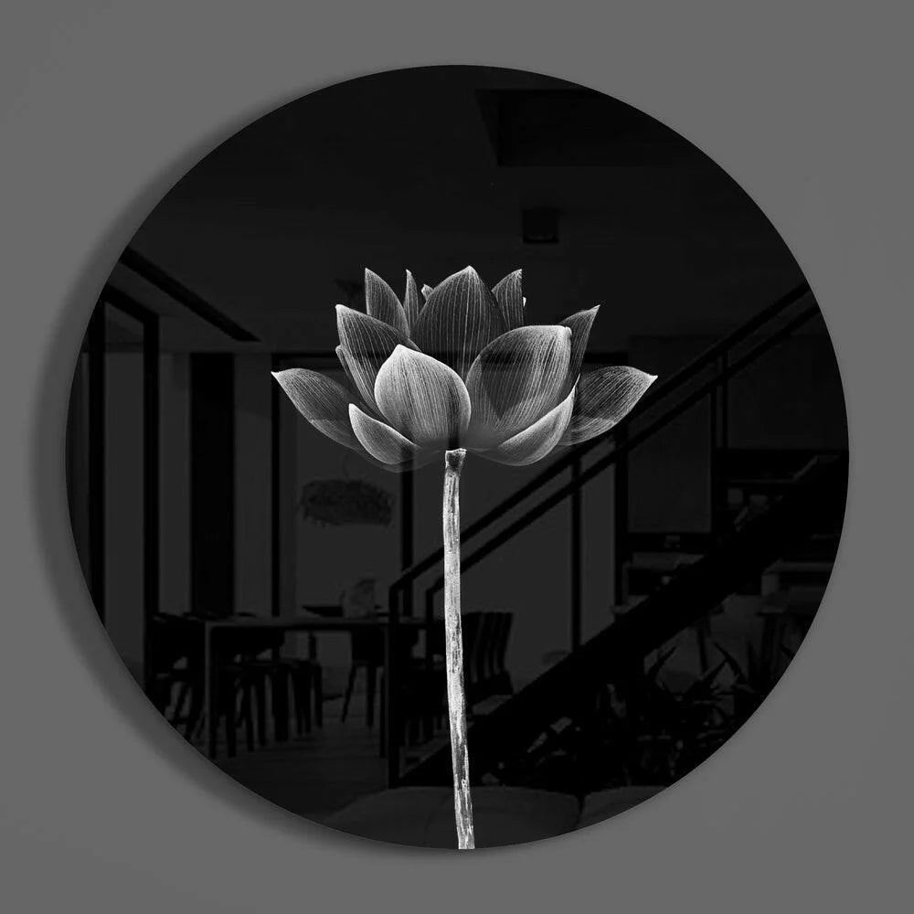 Monochrome lotus tempered glass art with fine-lined petals and stem