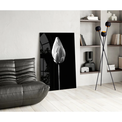 Black-and-white lotus bud canvas wall art close-up on stark black background