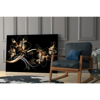 Stunning gold lily glass wall art on glossy black canvas
