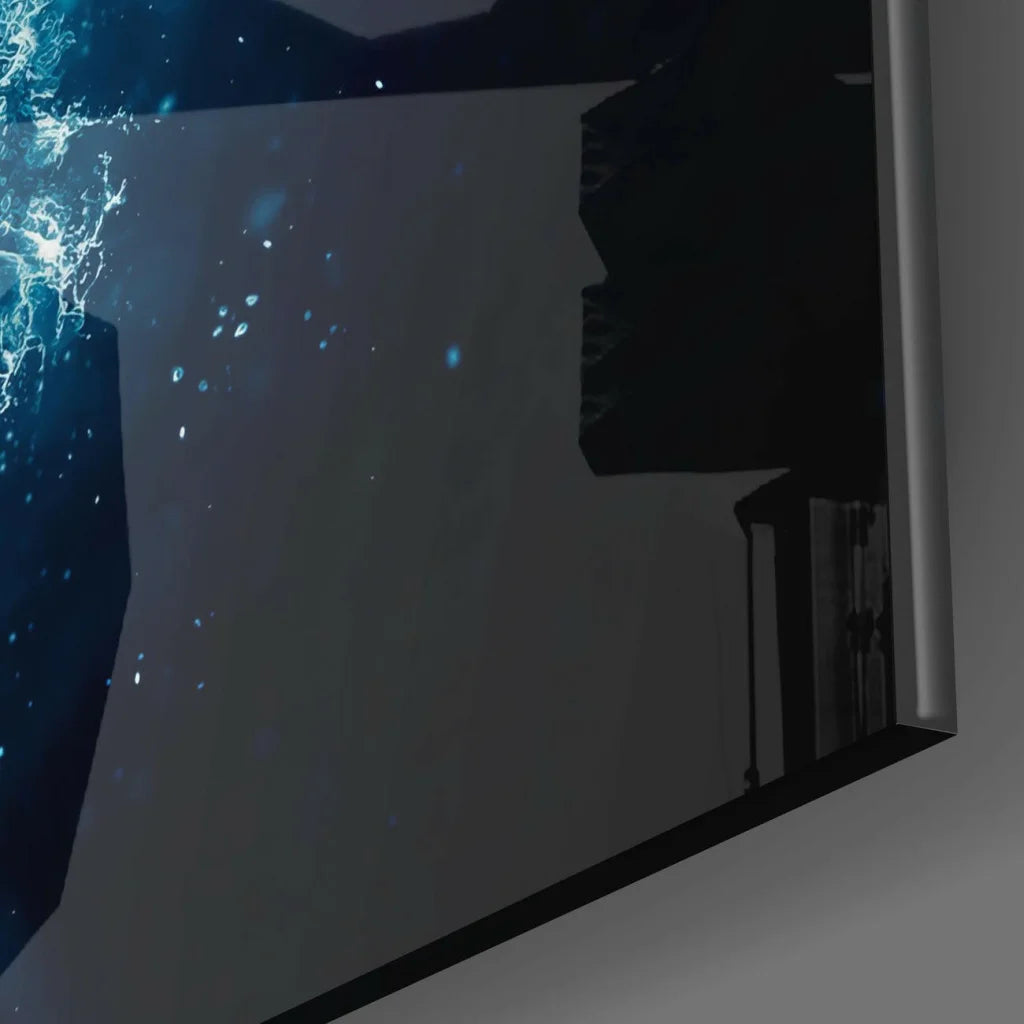 Glowing blue fractal glass wall art with radiant particles and shapes
