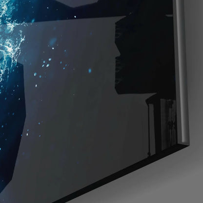 Glowing blue fractal glass wall art with radiant particles and shapes