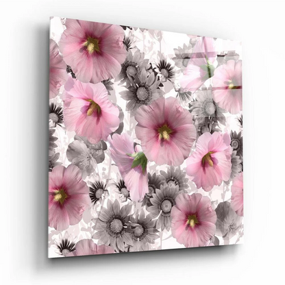 Vibrant pink hollyhock glass wall art with gray daisy accents