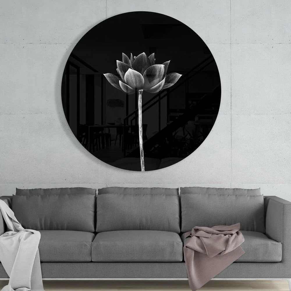 Stunning lotus tempered glass art with white line drawing on black circle