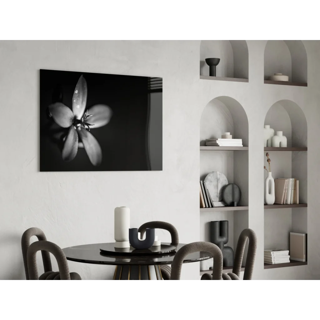 Black-and-white dewy flower canvas wall art print mounted on wall