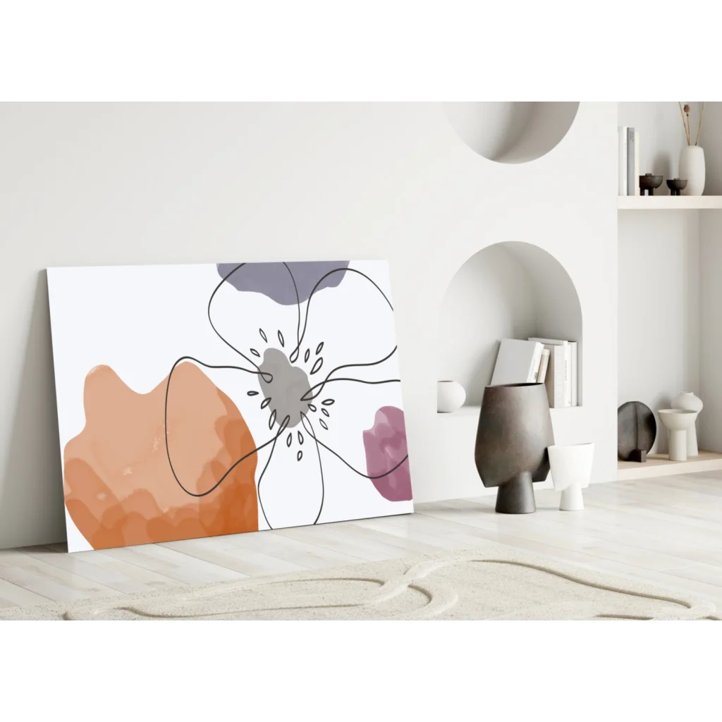 Bold abstract floral wall art canvas in orange, purple, and gray