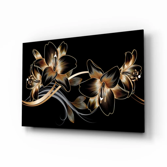 Stunning gold lily glass wall art on glossy black canvas with silver details