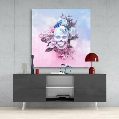 Skull roses butterflies glass wall art print with white skull and pink roses