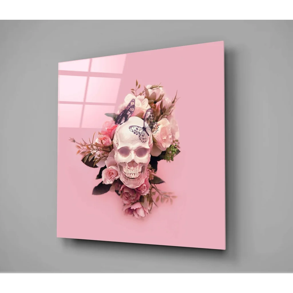 Pink skull rose glass wall art with butterflies on glossy canvas