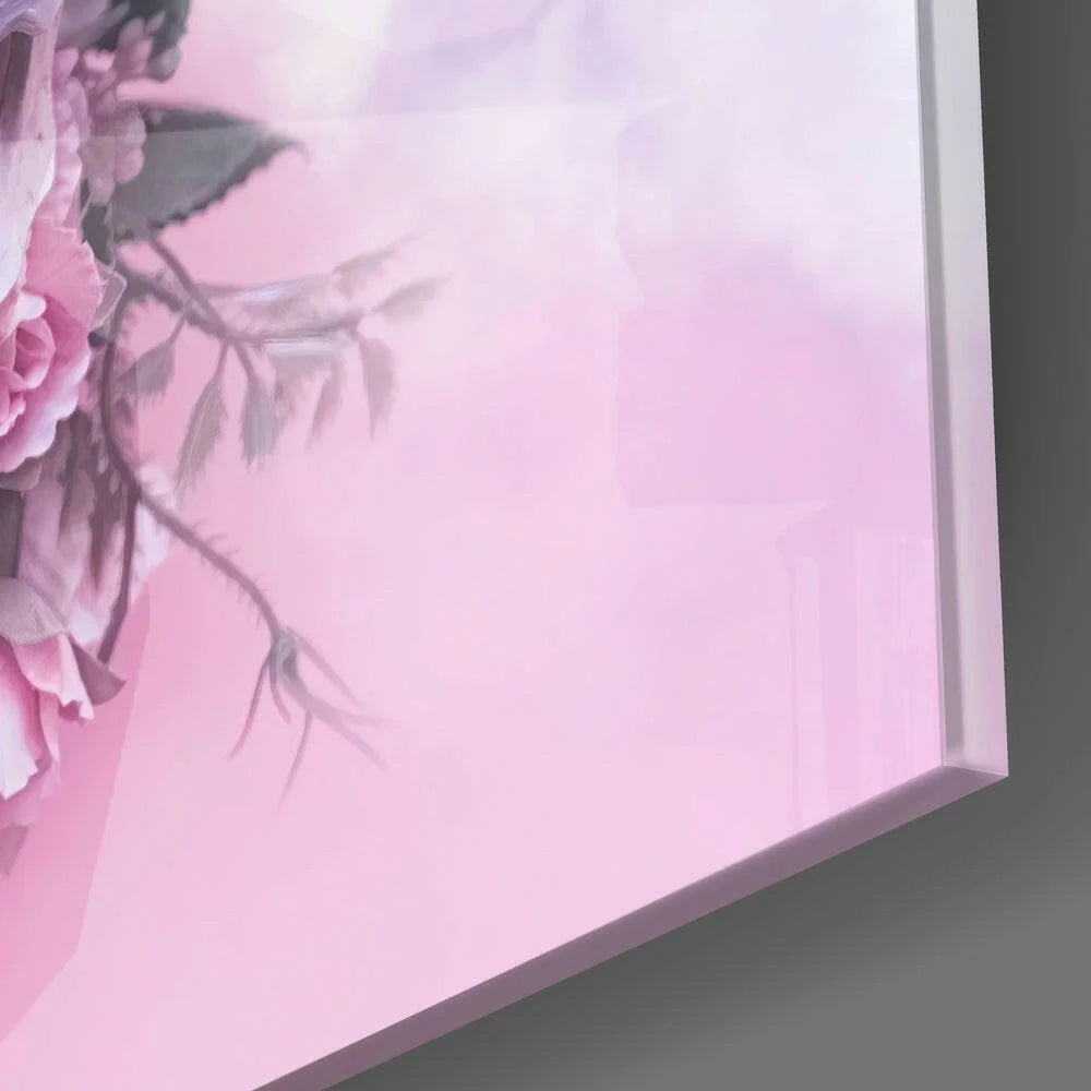 Framed pink floral glass wall art with roses, leaves, butterflies, and skulls