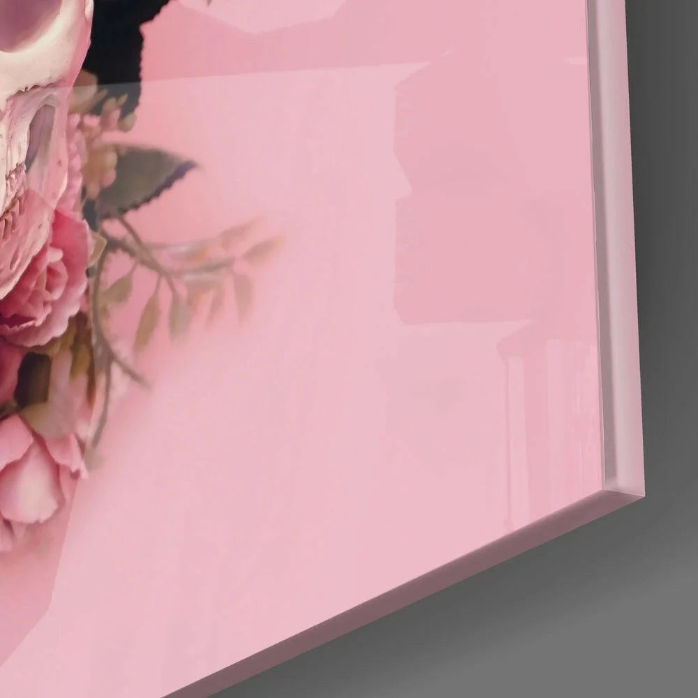 Pink skull rose glass wall art with butterflies and floral skull design