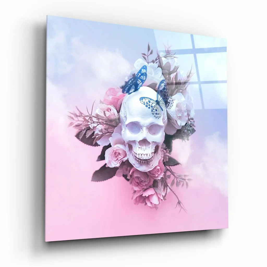 Skull roses butterflies glass wall art print with white skull, pink roses, blue butterflies on pastel background