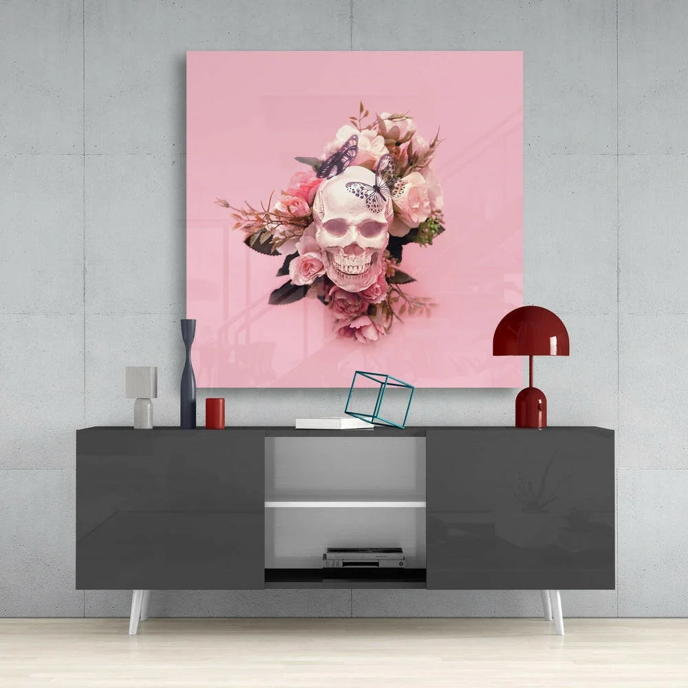 Pink skull rose glass wall art with butterflies on canvas print