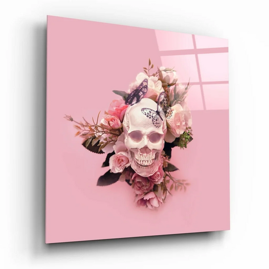 Pink floral skull glass wall art with roses and butterflies