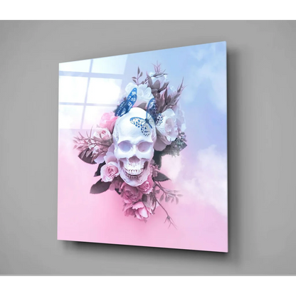 White skull with pink roses and blue butterflies glass wall art print