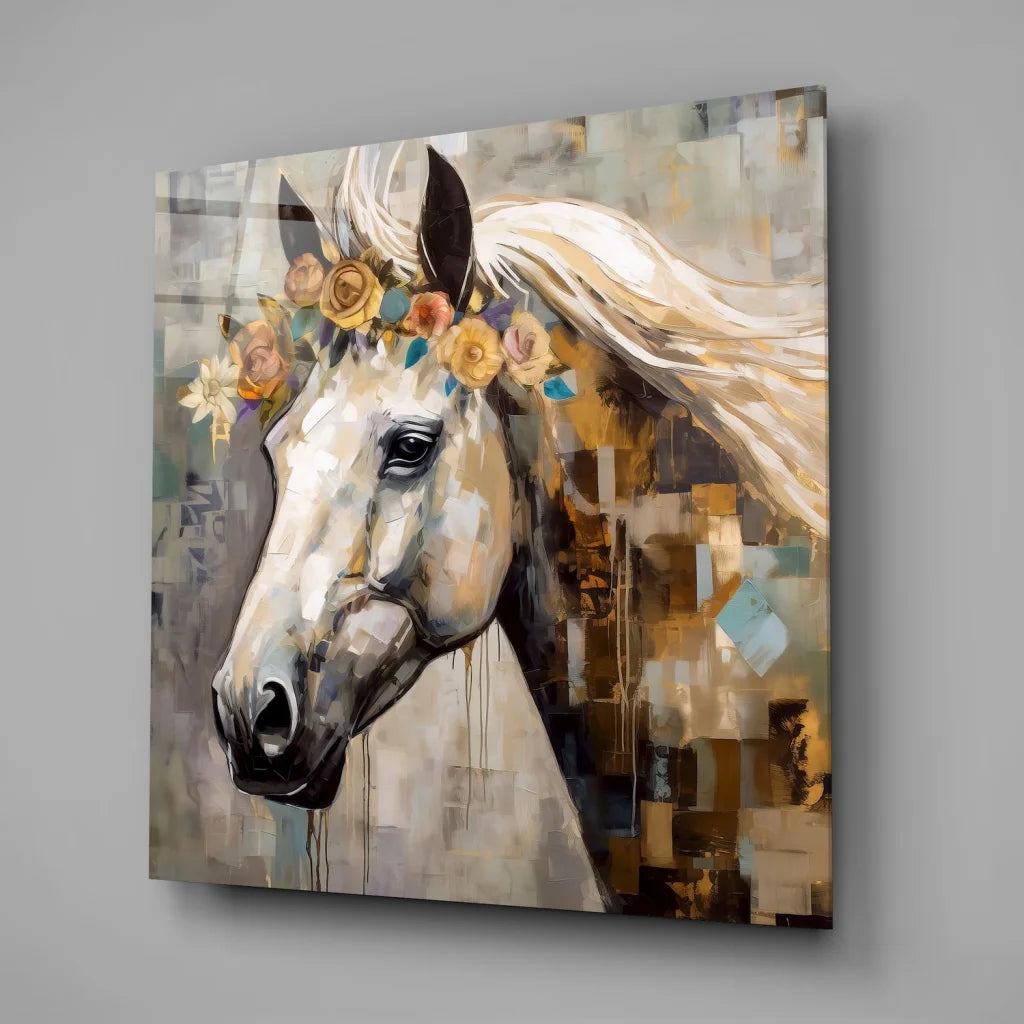 Stunning floral horse tempered glass art with white horse in blossoms