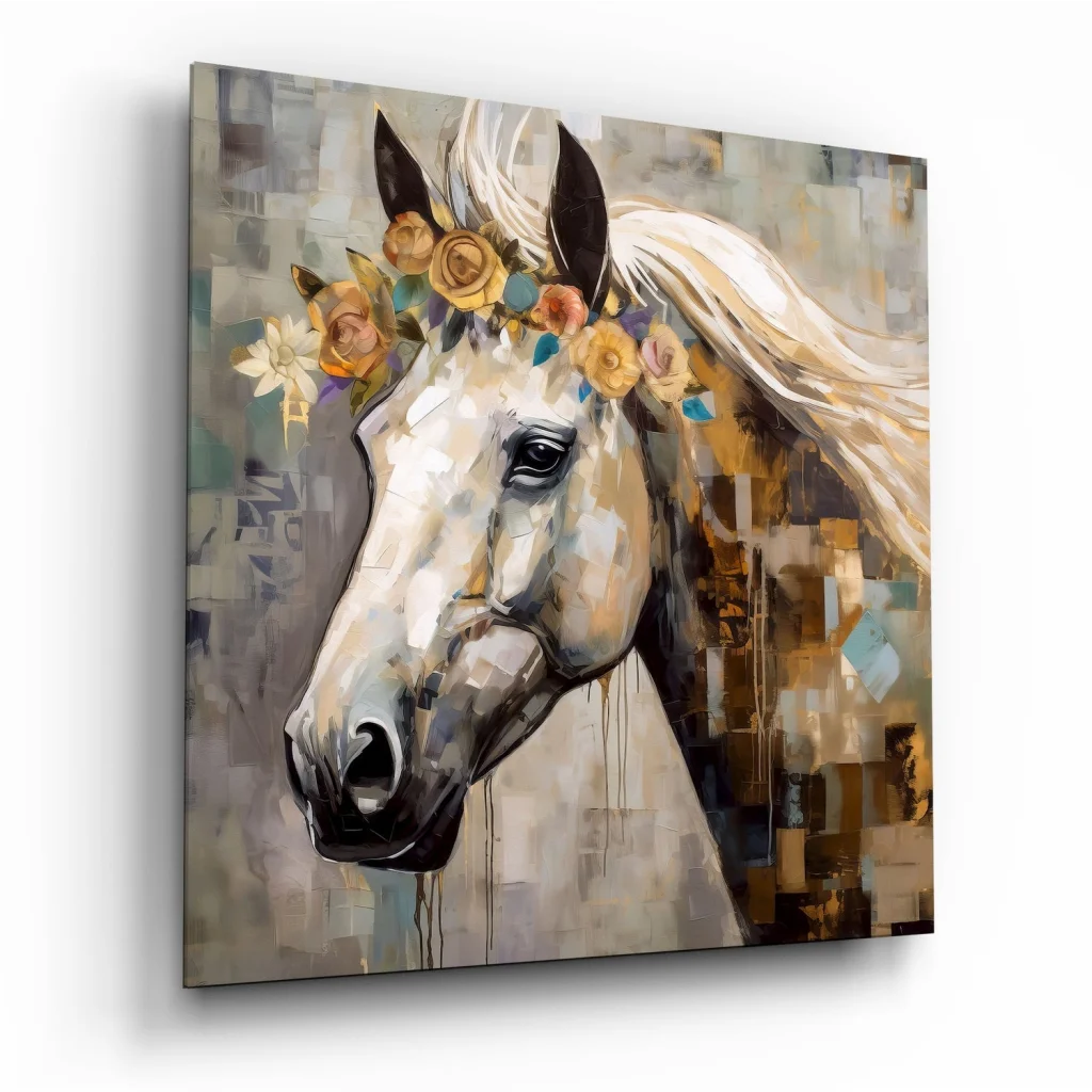 Stunning floral horse tempered glass art with white horse in rose crown