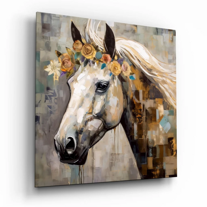 Stunning floral horse tempered glass art with white horse in rose crown