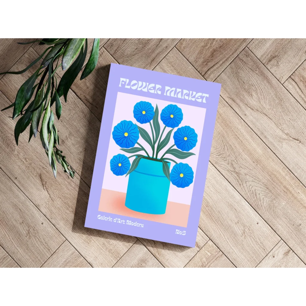 Lavender-covered Flower Market magazine with blue blooms in turquoise vase on aluminum print