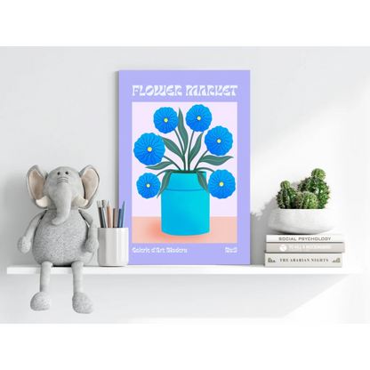 Vibrant blue Flower Market poster with stylized blooms in turquoise vase on lavender background