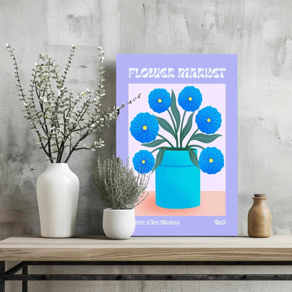 Vibrant blue blooms in turquoise vase on Flower Market Blue Blooms aluminum print