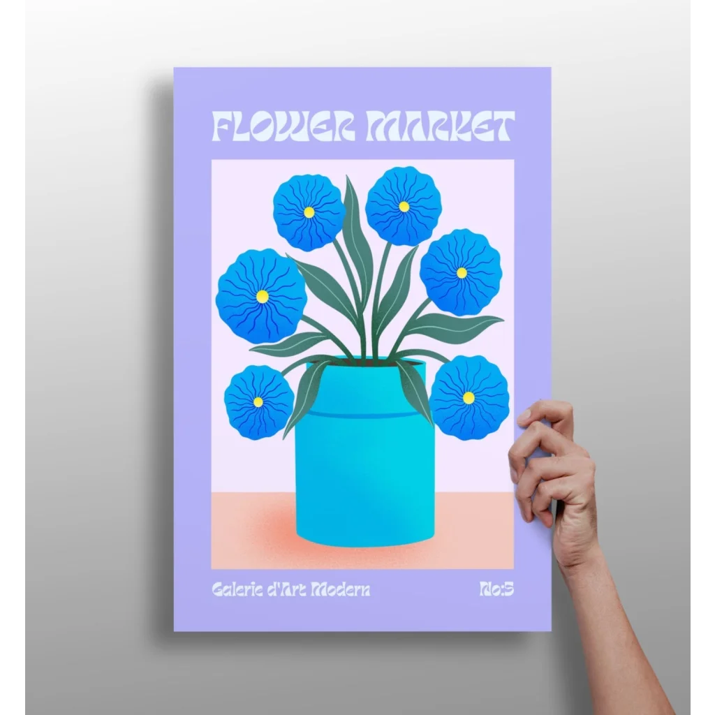 Vibrant blue Flower Market Blue Blooms aluminum print with stylized flowers