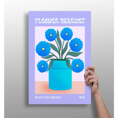 Vibrant blue Flower Market Blue Blooms aluminum print with stylized flowers
