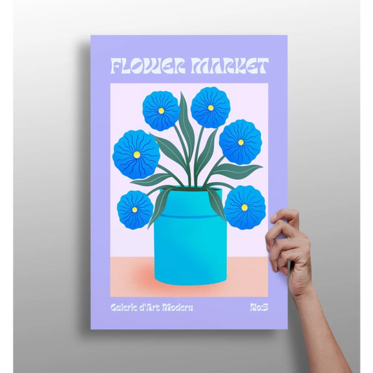 Vibrant blue Flower Market Blue Blooms aluminum print with stylized flowers