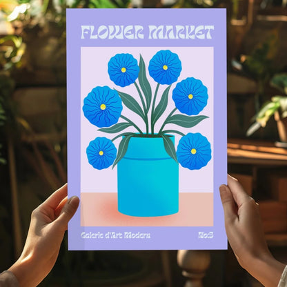 Vibrant blue floral illustration on lavender-framed Flower Market Blue Blooms Aluminum Print