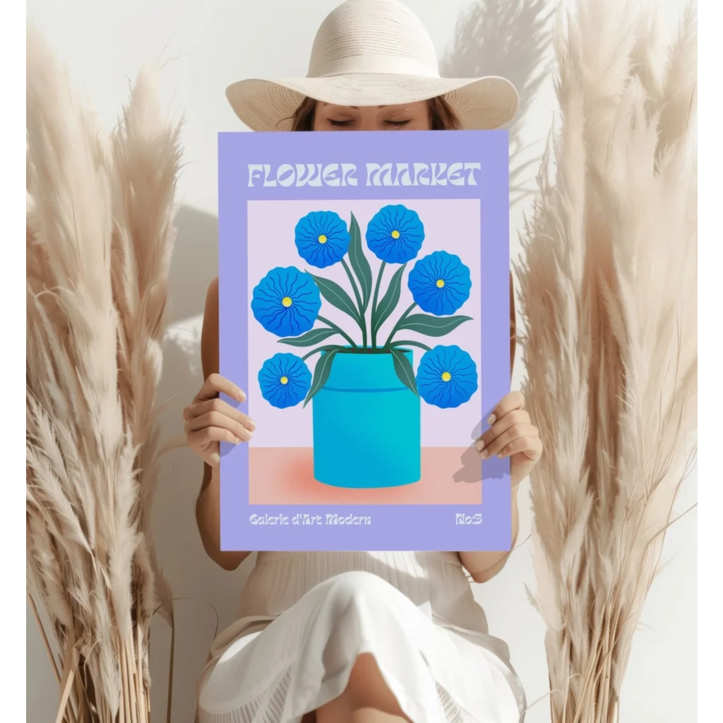 Vibrant blue floral illustration on lavender poster in turquoise vase, Flower Market Blue Blooms Aluminum Print