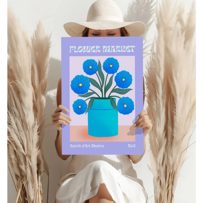 Vibrant blue floral illustration on lavender poster in turquoise vase, Flower Market Blue Blooms Aluminum Print