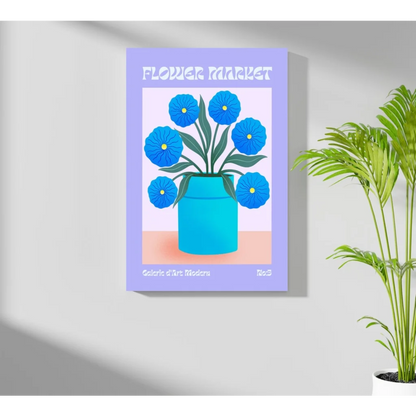 Vibrant blue blooms in turquoise vase on Flower Market Aluminum Print
