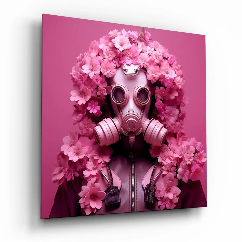 Pink blossom gas mask on tempered glass art panel