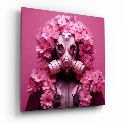 Pink blossom gas mask on tempered glass art panel