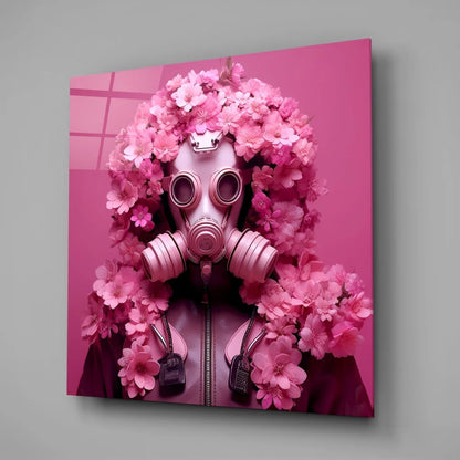 Pink floral gas mask on tempered glass art panel