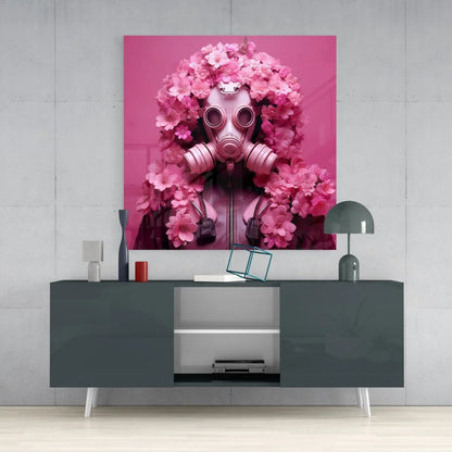 Pink blossom gas mask on vibrant tempered glass art panel