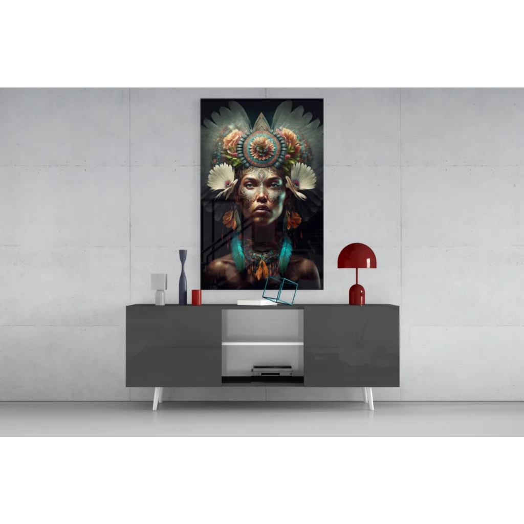 Stunning feathered goddess glass wall art portrait of woman in floral headdress