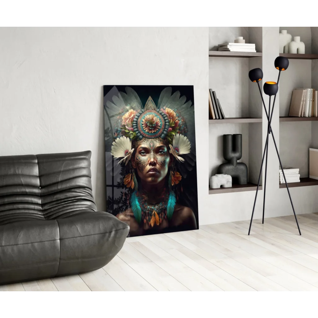 Stunning feathered goddess in teal glass wall art portrait