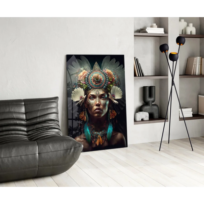 Stunning feathered goddess in teal glass wall art portrait