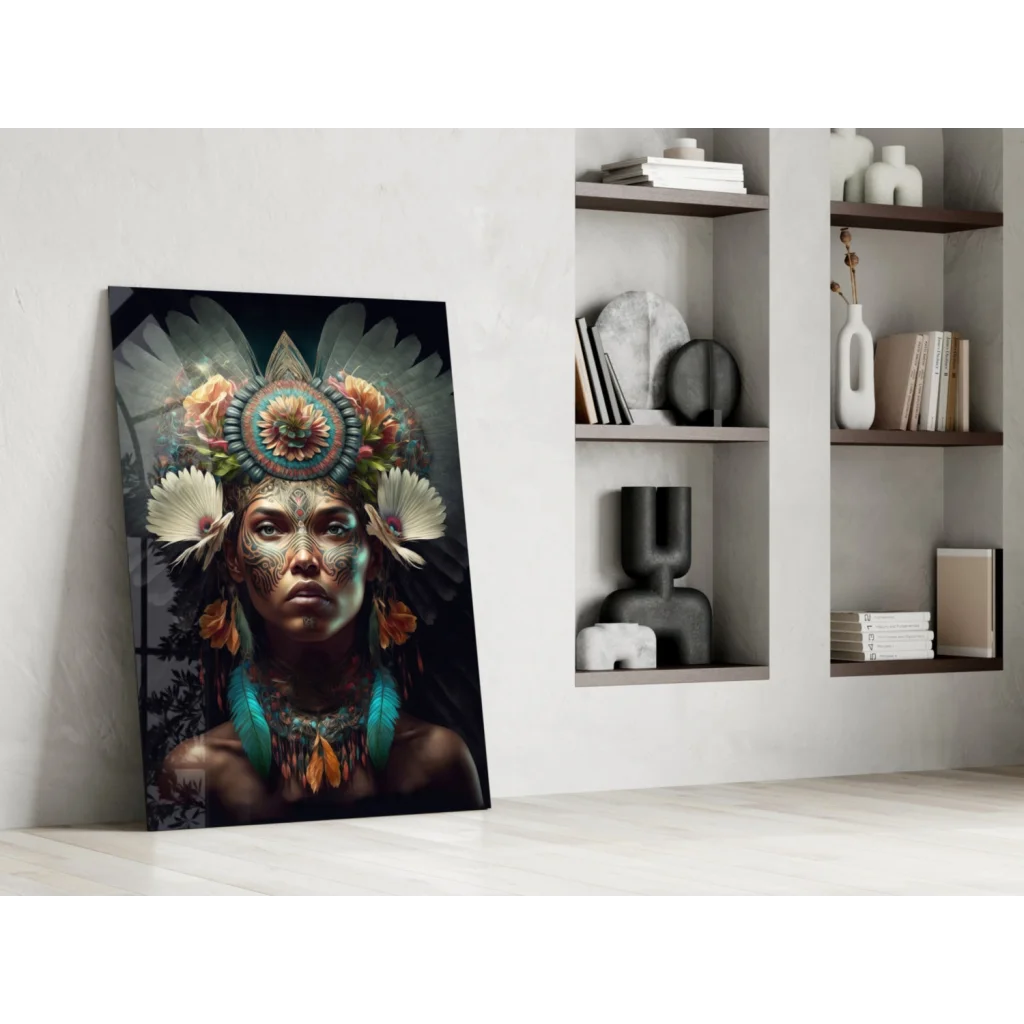 Stunning feathered goddess glass wall art portrait of woman in floral headdress