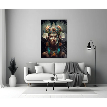 Stunning feathered goddess glass wall art portrait of vibrant woman in ornate headdress